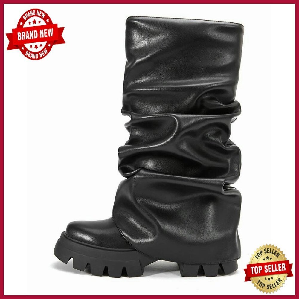 Platform Heel Pull-On Slouchy Vegan Boots Mid Calf Knee High